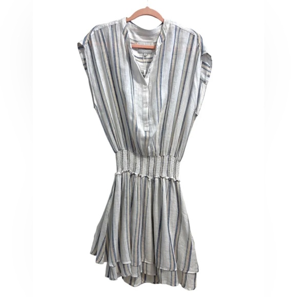Rails Revolve New White Linen Angelina Striped Smocked Mini Dress S - Picture 2 of 6